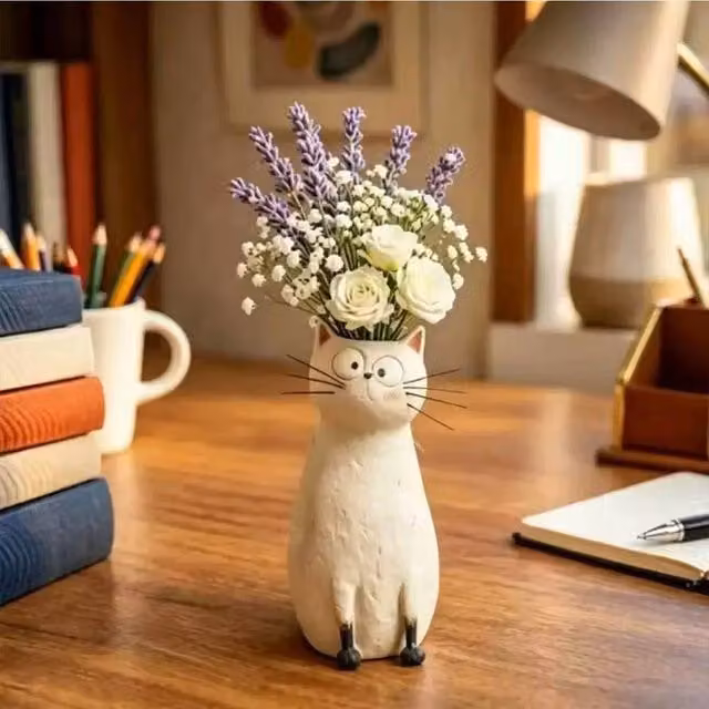 Quipulse White Resin Cat Shaped Decorative Tabletop Vase Ornament