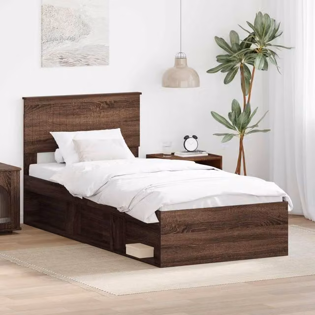 Berkfield Home Modern Bed Frame with Headboard in Brown Oak and Solid Pine Wood, W/D/H: 90 x 190 cm