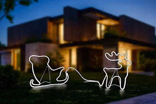 Shatchi Reindeer and Santa Sleigh Neon Effect Rope Light Silhouette Double Sided with 180 Cool White LEDs in White – 2