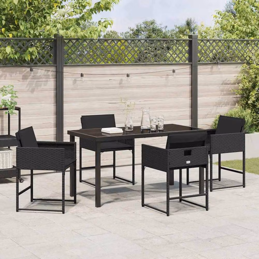 Berkfield Home 5 Piece Black Poly Rattan Garden Dining Set with Glass Top – 3