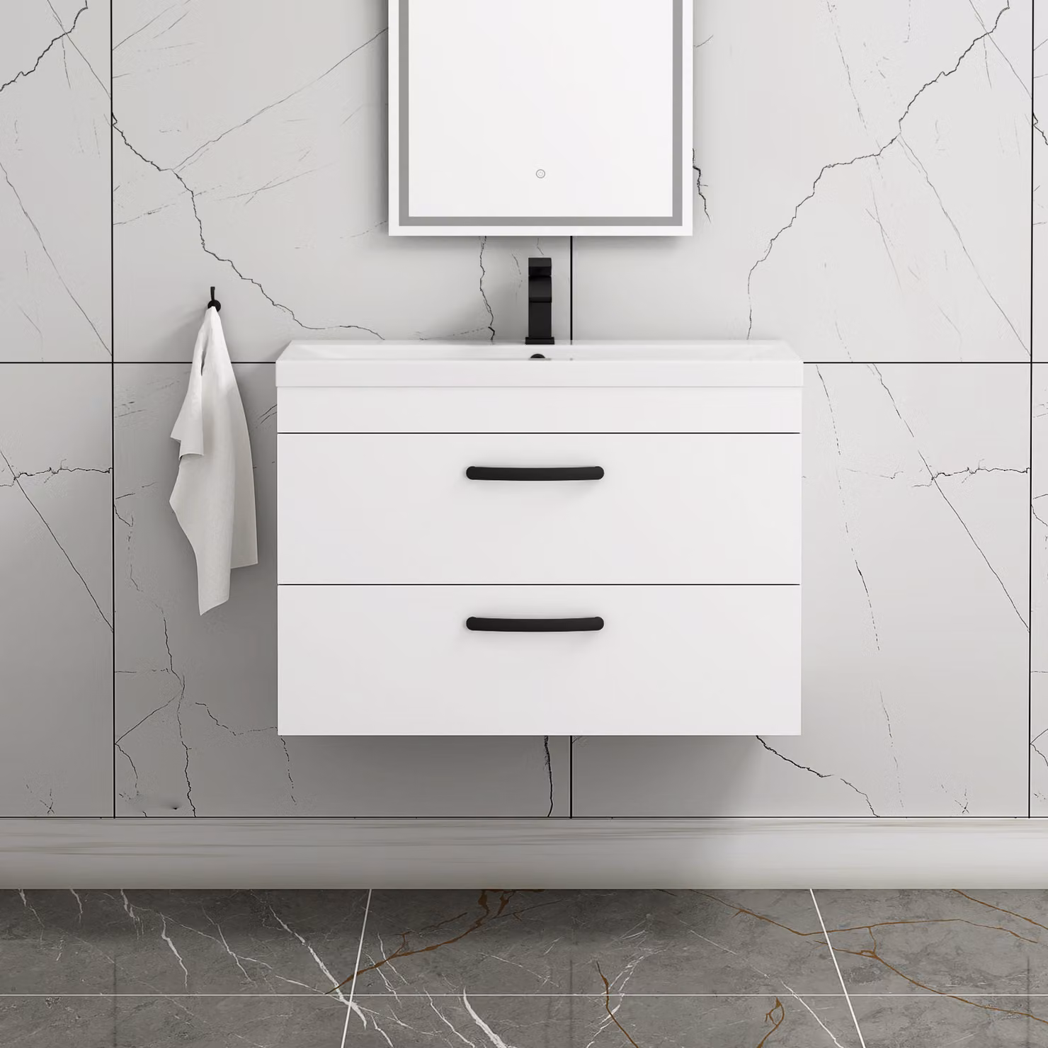 Royal Bathrooms Turin 800mm Wall Hung Vanity Unit in Gloss White with 2 Drawers and Matt Black Handles