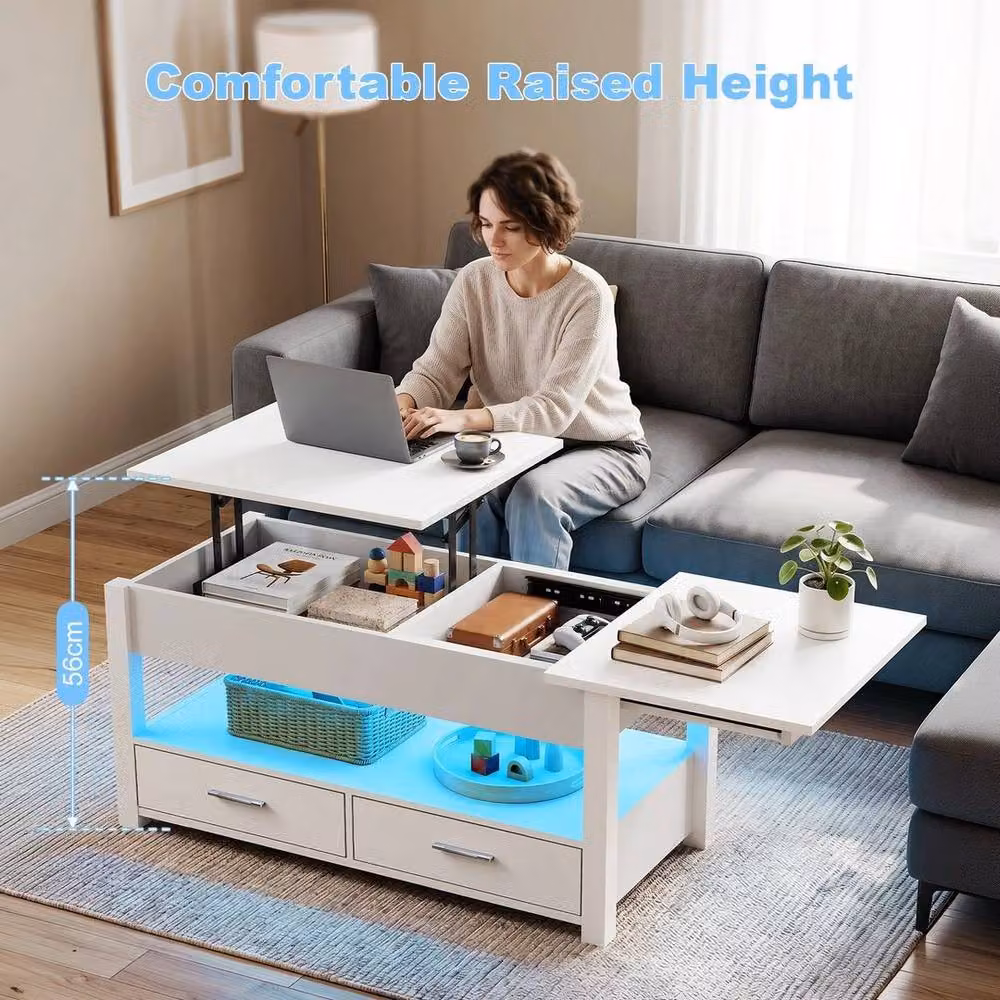 EONLION White LED Lift Top Coffee Table with Drawers – 3