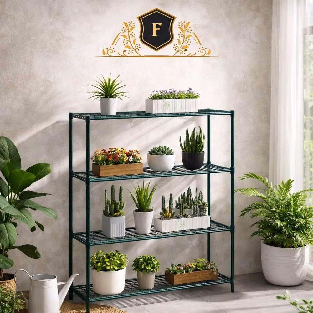 NESTLUNE 4 Tier Metal Plant Stand Planter Holder in Green, W/D/H: 100 x 30 x 106 cm – 4