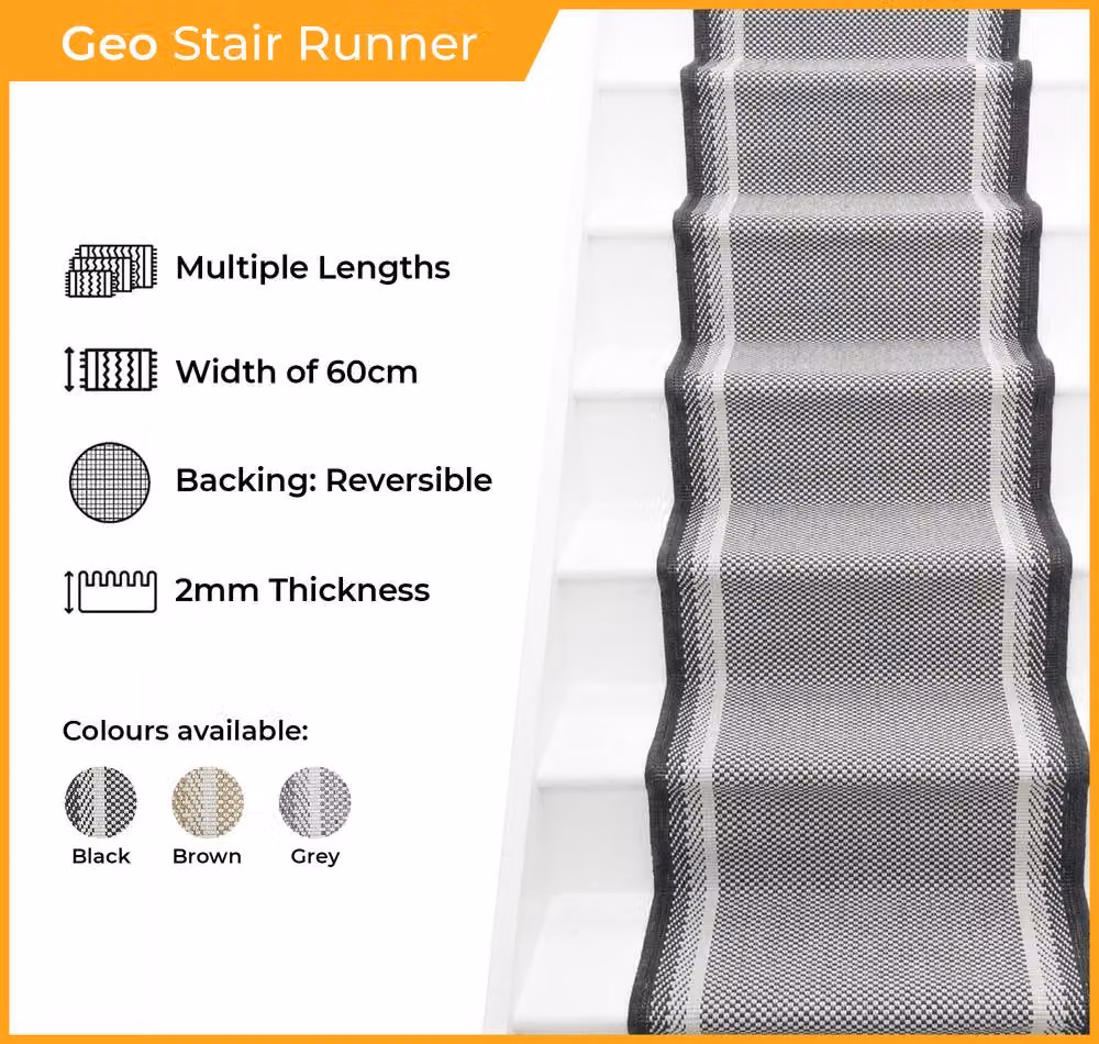 runrug Geo Reversible Durable Stair Runner Carpet, Black, W: 60 cm x L: 510 cm – 2