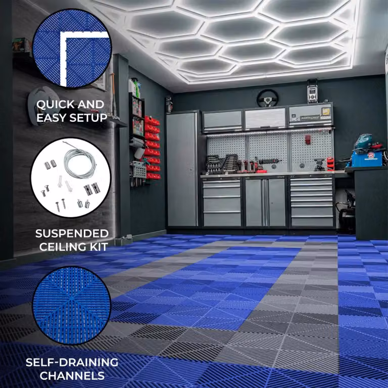 Monstershop Hexagon LED Light and Vented Garage Floor Tiles with Edges, Blue and Grey, 90 Pack
