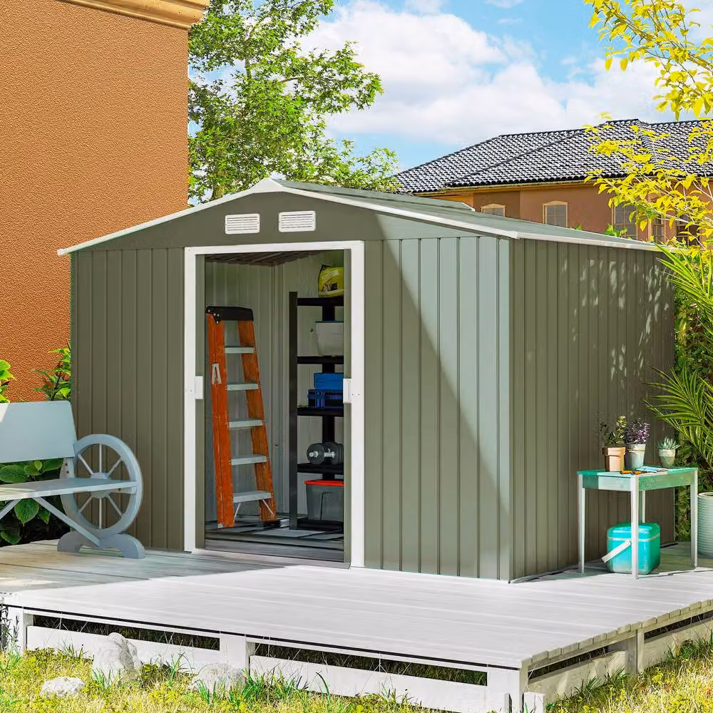 Rolipo Metal Garden Shed with Foundation Kit, Light Green, W: 274.32 cm, D: 182.88 cm, H: 192.0 cm – 2