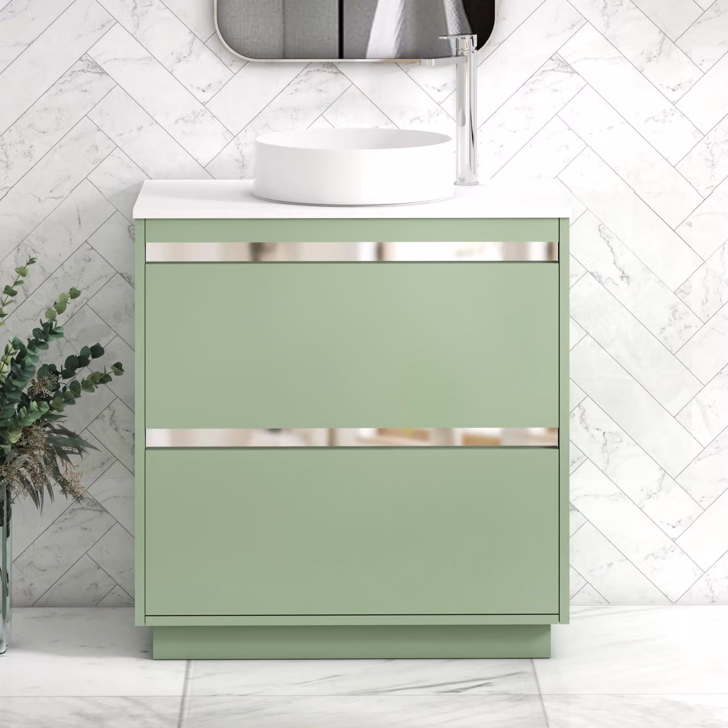 Royal Bathrooms Orion 800mm Mint Sage Floor Standing 2 Drawer Vanity Unit with Plain White Undrilled Worktop and Chrome Accent Trim