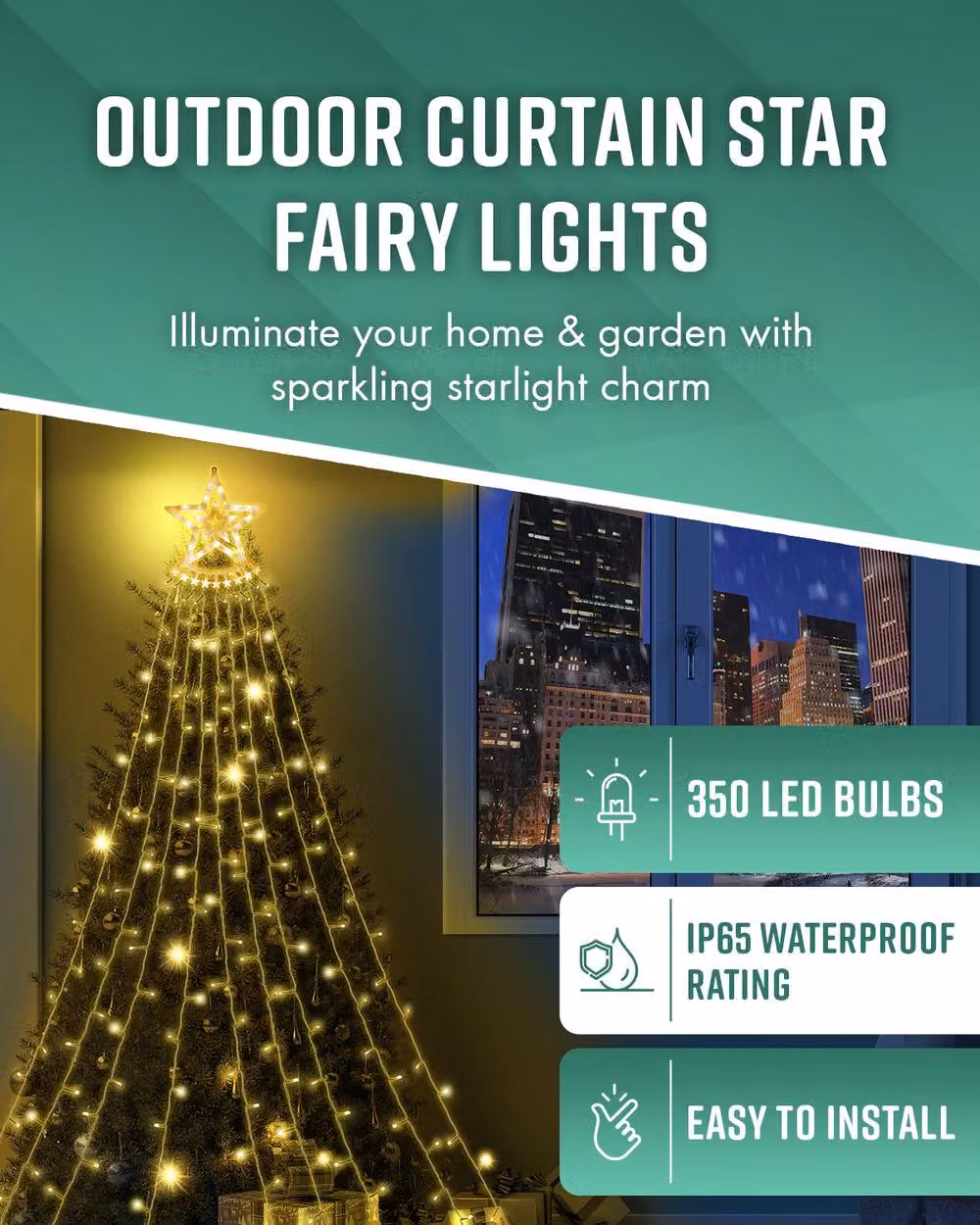 Globrite Warm White LED Curtain Star Fairy Lights, Waterproof Outdoor Waterfall Lights with 350 LEDs – 6