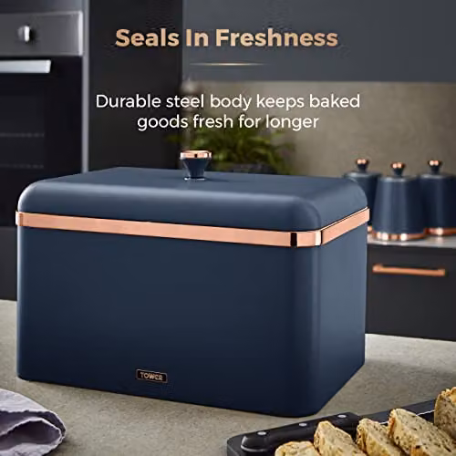 Tower Cavaletto Bread Bin in Midnight Blue and Rose Gold, Stainless Steel Body, W/D/H: 35.0 x 24.0 x 23.0 cm – 4