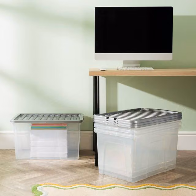 Wham Crystal 60L Stackable Plastic Storage Boxes with Silver Lids, Pack of 4, Transparent