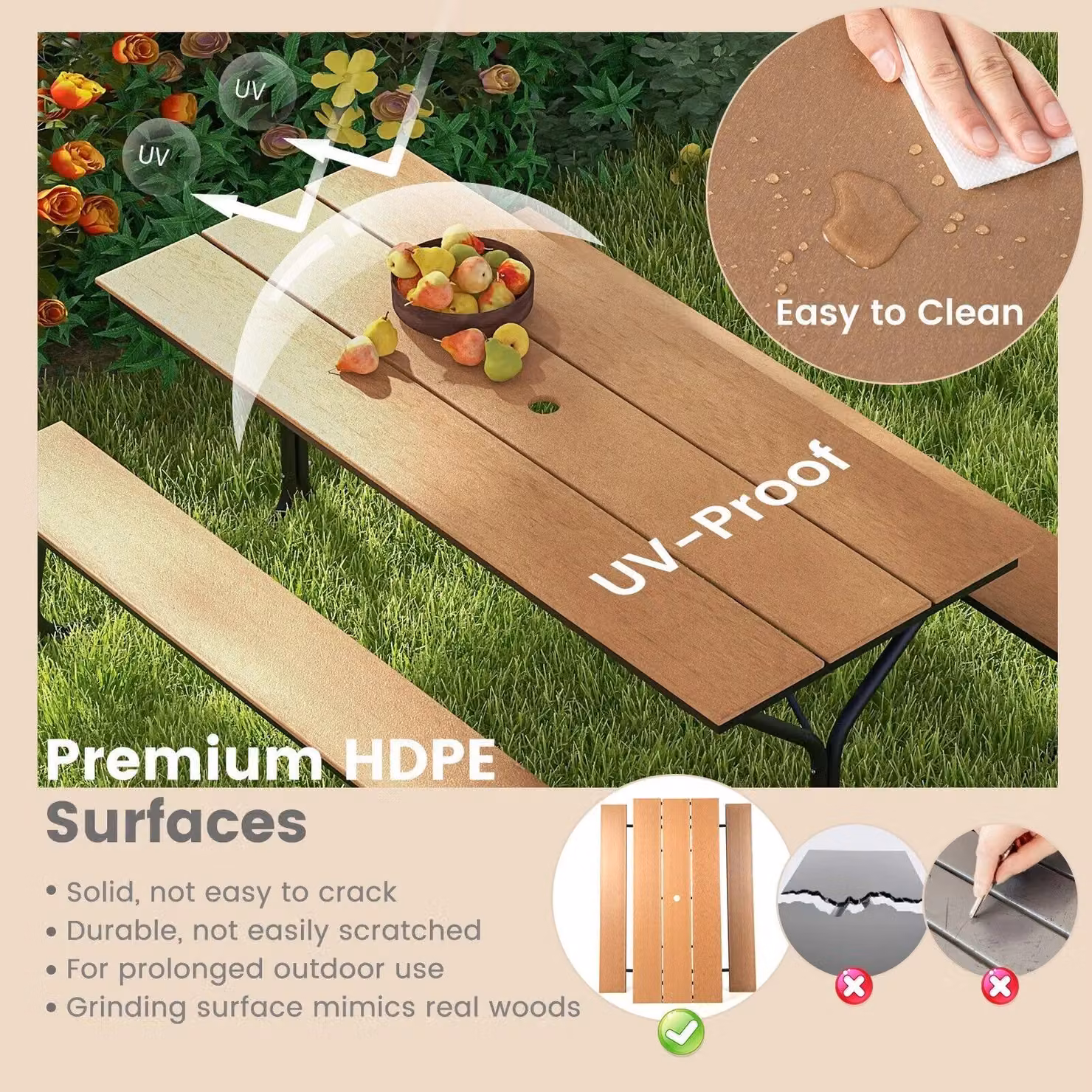 Costway Outdoor Picnic Table and 2 Benches Set with Umbrella Hole, Brown – 4