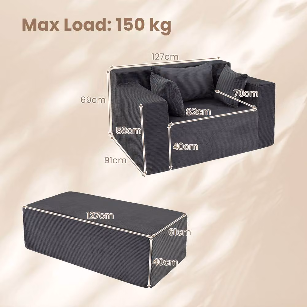 Gymax Grey Boneless Floor Lounge Chair Single Foam Sofa with Ottoman and Pillows – 2