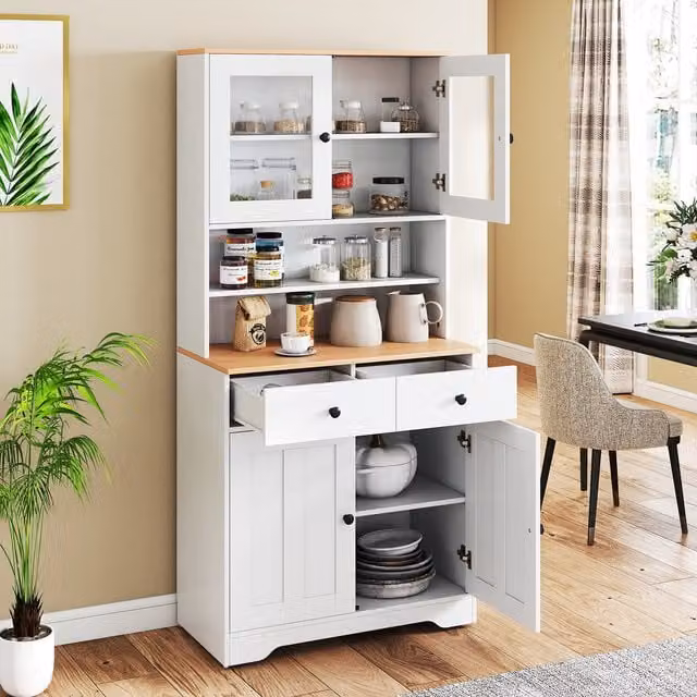COSTWAY White Tall Kitchen Storage Cabinet with Hinged Doors, Drawers and Open Shelves