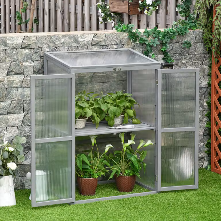 Outsunny Polycarbonate and Wood Cold Frame Greenhouse in Slate Grey with Adjustable Shelving and Double Doors, W/D/H: 110 x 76 x 46.5 cm