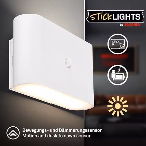 Briloner Rechargeable LED Wall Light with Motion Sensor and Up & Down Lighting, White, W/D/H: 16 x 9.5 x 6.5 cm – 2