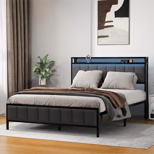 Levede Upholstered Double Bed Frame in Grey with LED Lighting, USB Charging Ports and Side Compartments, W/H: 140 x 200 cm – 4