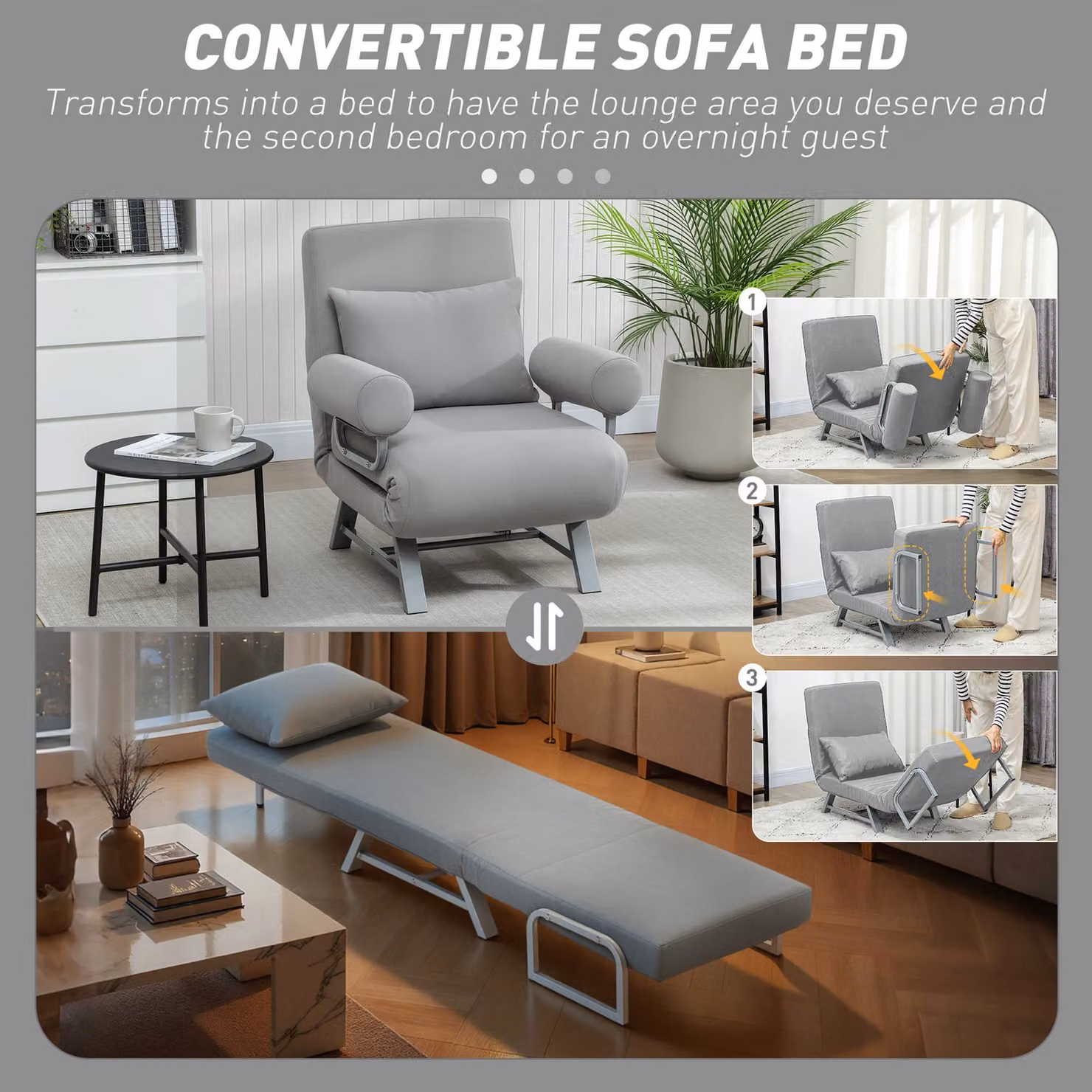 HOMCOM 3-in-1 Convertible Single Sofa Bed with Adjustable Backrest and Removable Armrests, Grey – 3