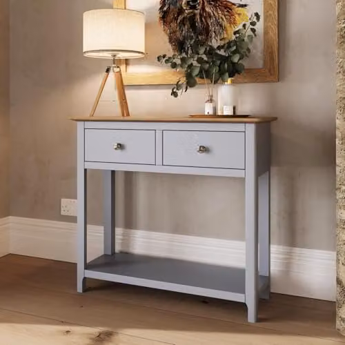 FWStyle 2 Drawer Console Table with Oak Top and Grey Lacquered Finish, H76 x W85 x D30 cm – 2