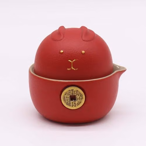 Serenityy Money Cat Ceramic Teapot Set in Red and Gold with 2 Cups and Travel Case – 2