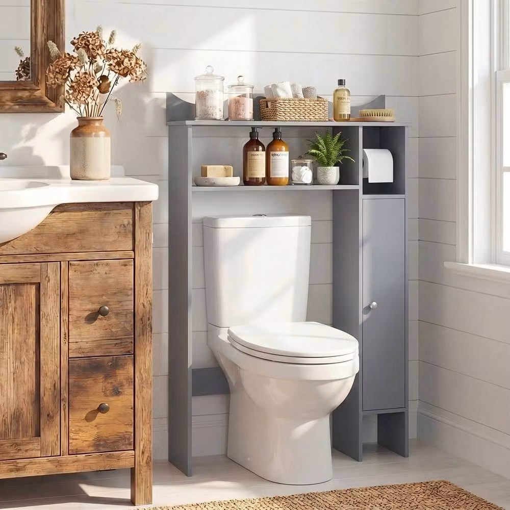 Costway Grey Over The Toilet Storage Cabinet with Hinged Doors and Toilet Paper Holder – 3