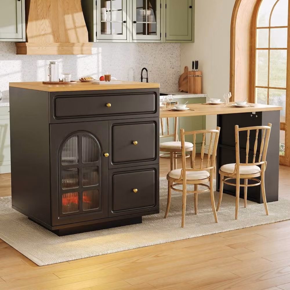 Rolipo Extendable Kitchen Island Bar Table with Storage, Glass Doors and Integrated LED Light in Matt Black – 2