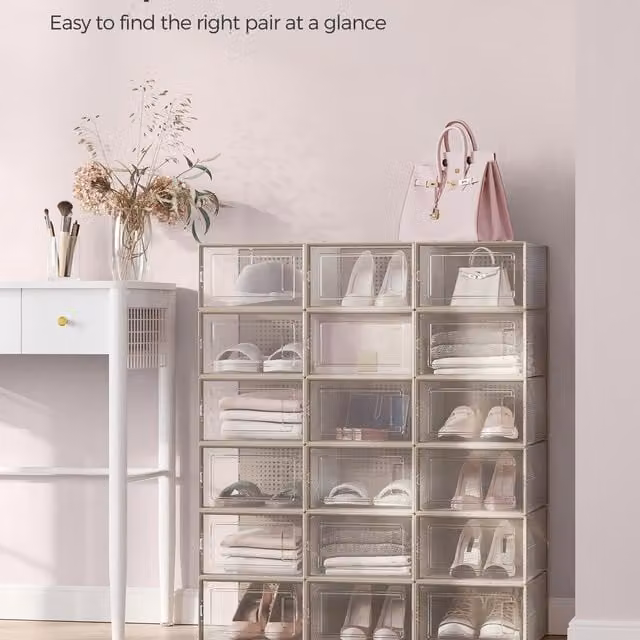 SONGMICS Stackable Transparent Acrylic Shoe Storage Boxes, Brown, W: 33.3 cm, H: 14 cm, D: 14 cm
