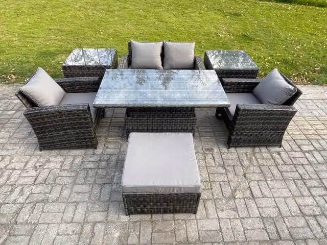 Fimous Modern Rattan Outdoor Garden Dining Set in Dark Grey with Height Adjustable Lifting Table and 2 Side Tables