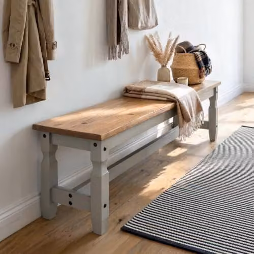 Mercers Furniture Corona Shabby Chic Solid Wood Pine Bench in Grey Wax, W/D/H: 153 x 38 x 45 cm – 1