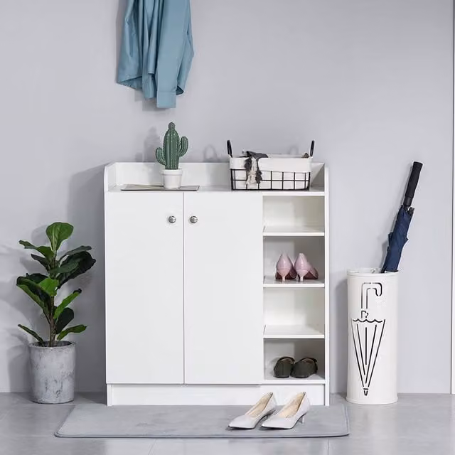 HOMCOM Modern White Shoe Storage Cabinet with Hinged Doors and Open Shelves
