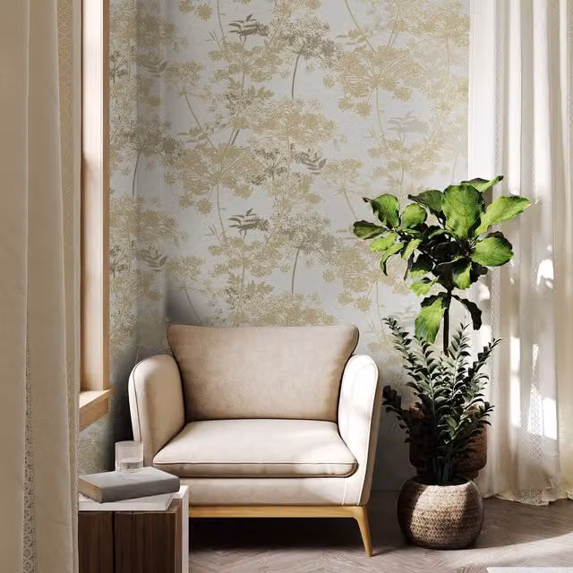 Superfresco Meadow Trees and Floral Botanical Wallpaper in Cream, Beige and Gold