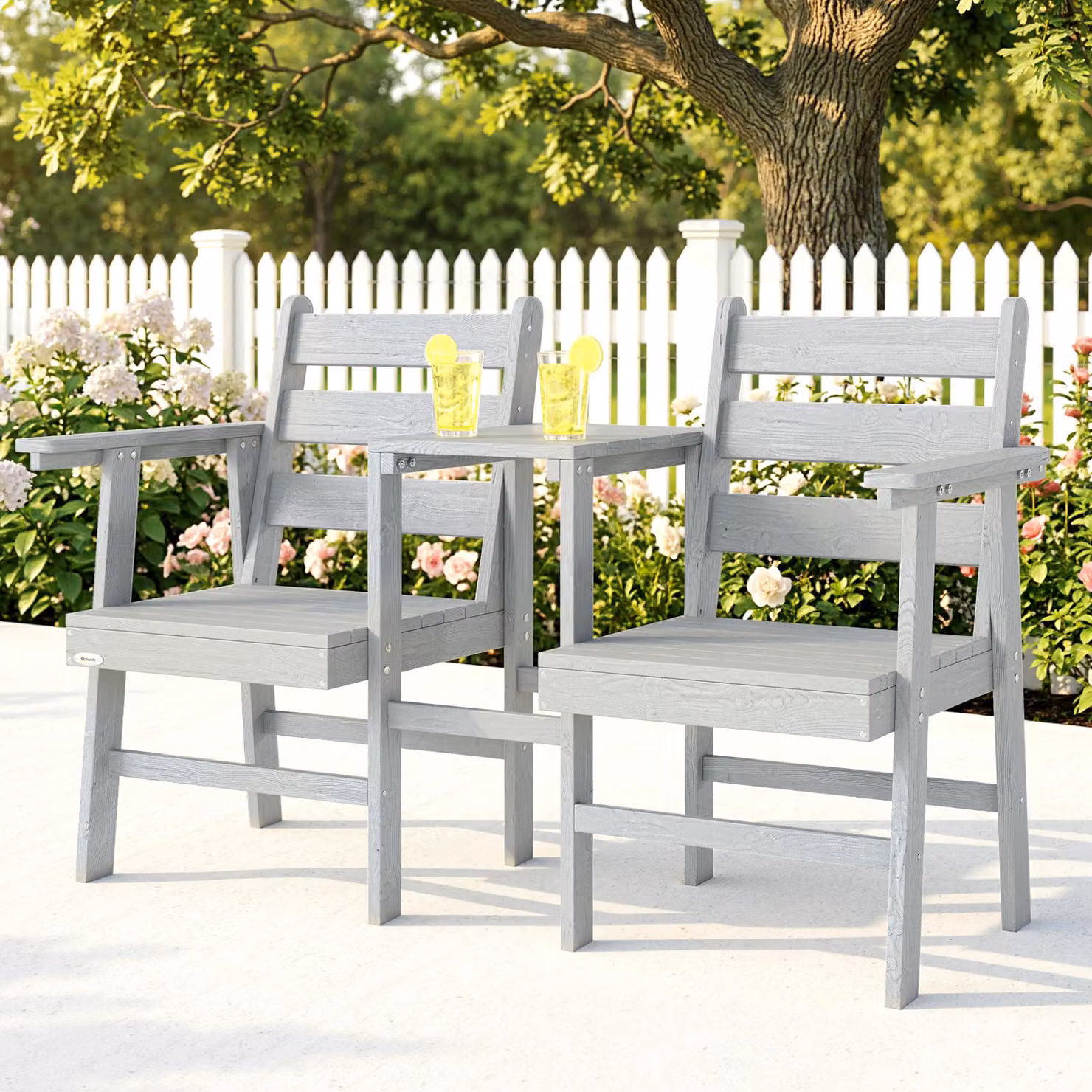 Outsunny Grey Embossed Wooden Jack and Jill Outdoor Garden Loveseat with Integrated Table – 6