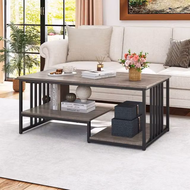 Gymax 3-Tier Rectangular Faux Marble Coffee Table in Grey – 1