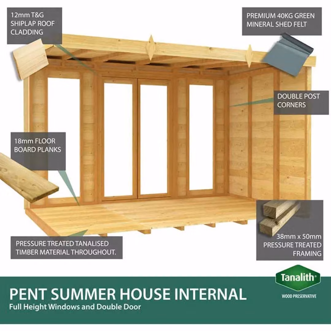 Buttercup Farm Pent Summer House with Full Height Window in Brown, W/D/H: 358 x 214 x 201 cm – 4