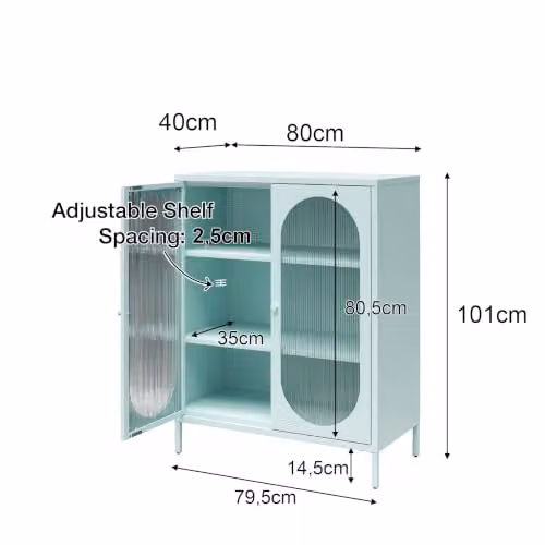 Dorel Home Luna Metal Cabinet with 2 Fluted Glass Doors in Beige, W: 80 cm, D: 40 cm, H: 102 cm – 2