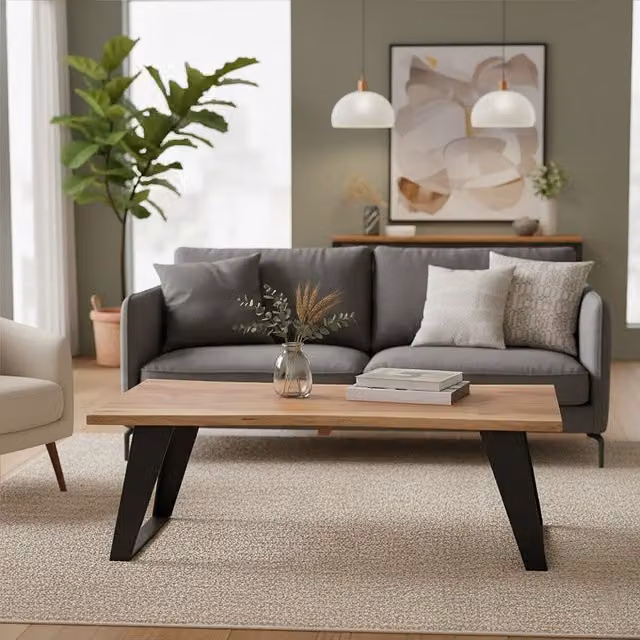 Orsina Brown Acacia Wood and Black Looped Iron Base Rectangular Coffee Table – 1