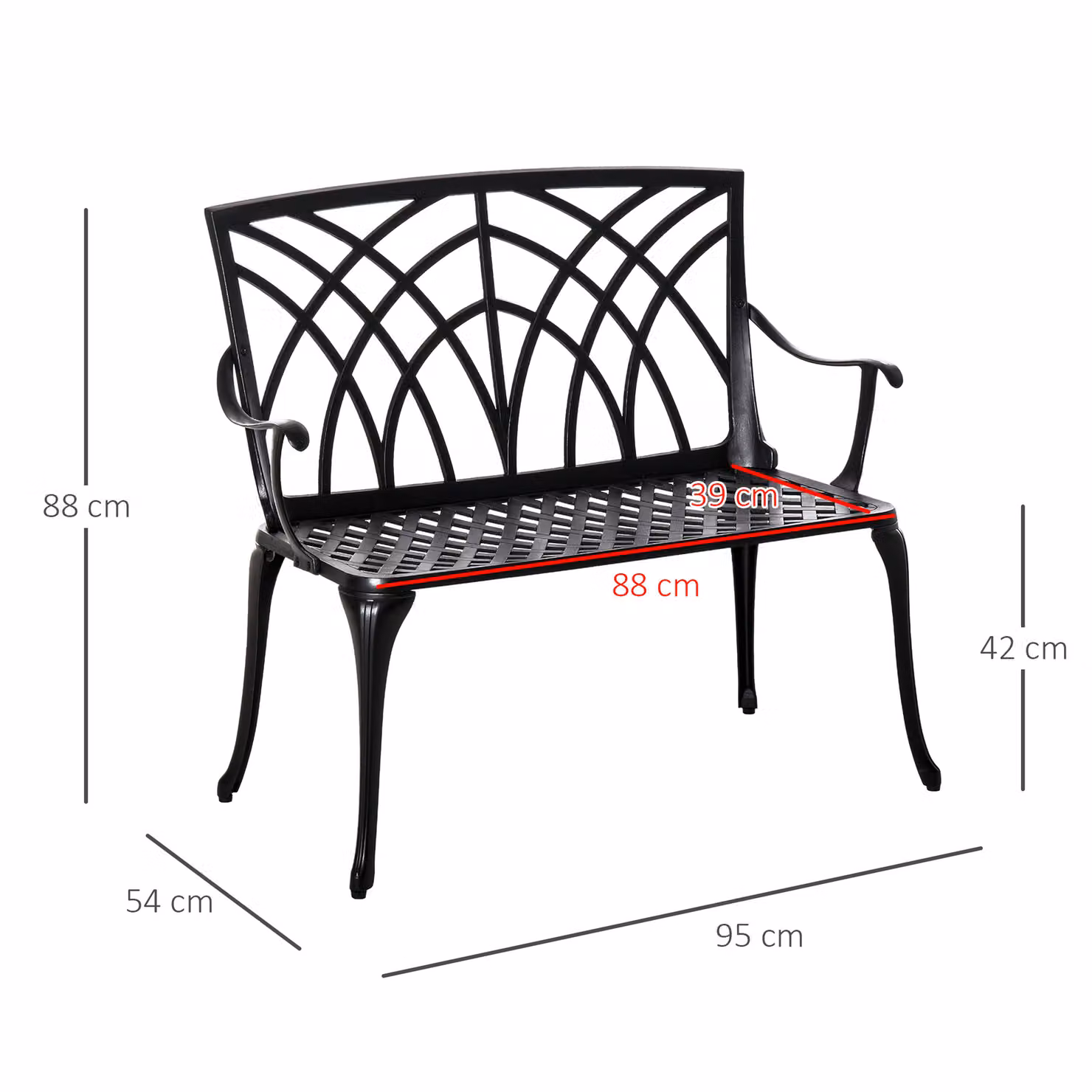 Outsunny 2-Seater Aluminium Garden Bench Loveseat in Black with Decorative Backrest and Ergonomic Armrests – 3