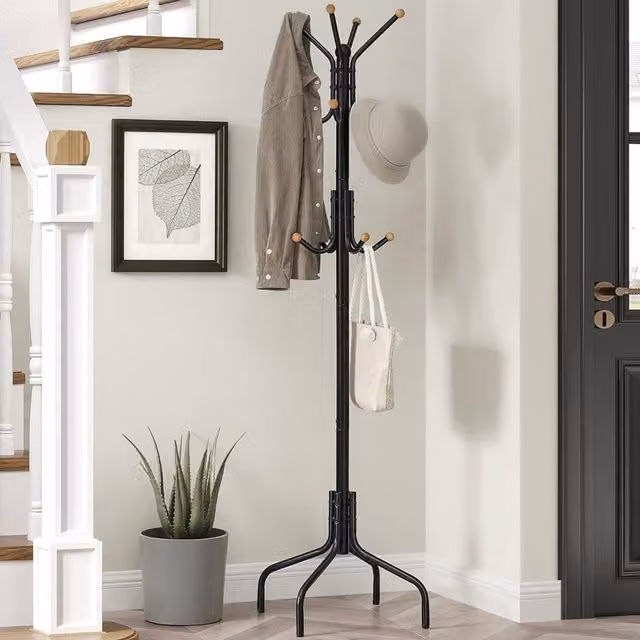 The Bazaarist Modern Black Metal Post Tree Coat Rack for Hallway or Home Office, H 180 x W 55 x D 12 cm