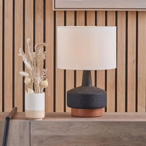 Pacific Lifestyle Ruma Ceramic Table Lamp with Wood Effect Textured Base in Black – 1