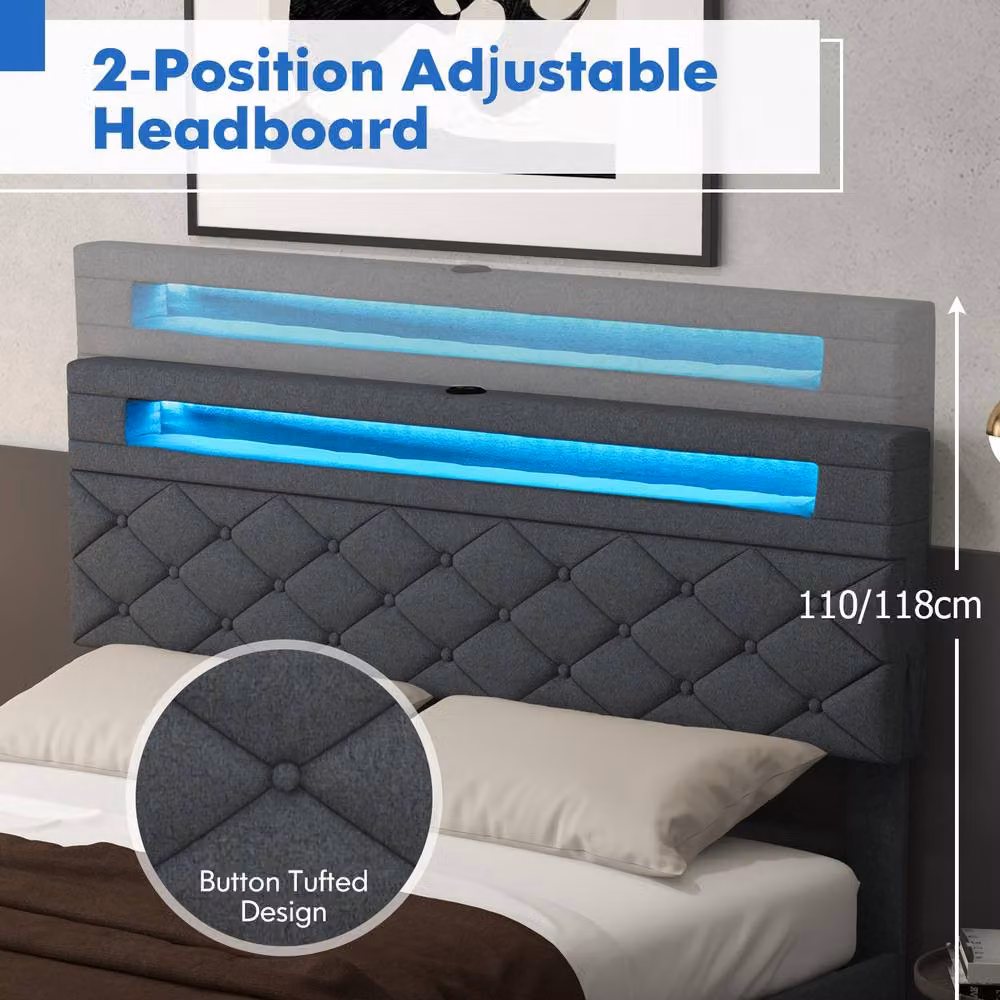 Costway Double Size Upholstered Bed Frame in Grey with LED Lights, USB Charging Port and Drawers, W/D/H: 140 x 200 cm – 4
