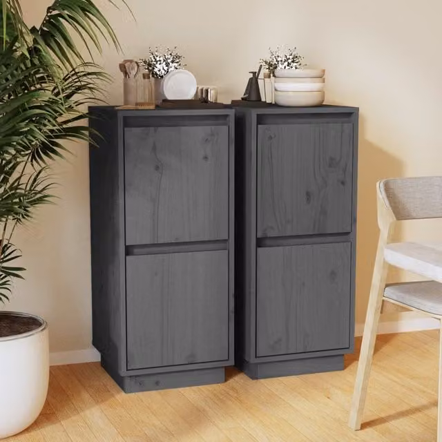 Berkfield Home Set of 2 Grey Solid Wood Pine Sideboards, W/D/H: 31.5 x 34 x 75 cm