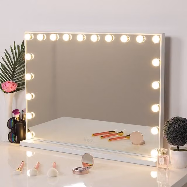 Livingandhome Luxury Hollywood Tabletop Makeup Mirror with Dimmable LED Lights, White, Width: 80 cm