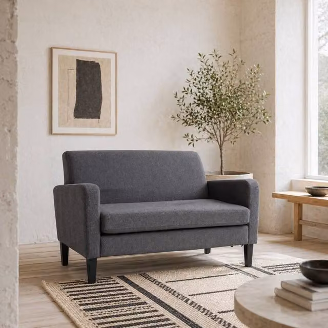 Wyld Haus Kahaba 2 Seater Loveseat in Charcoal Grey with Curved Linen Look Upholstery and Solid Wood Frame – 1