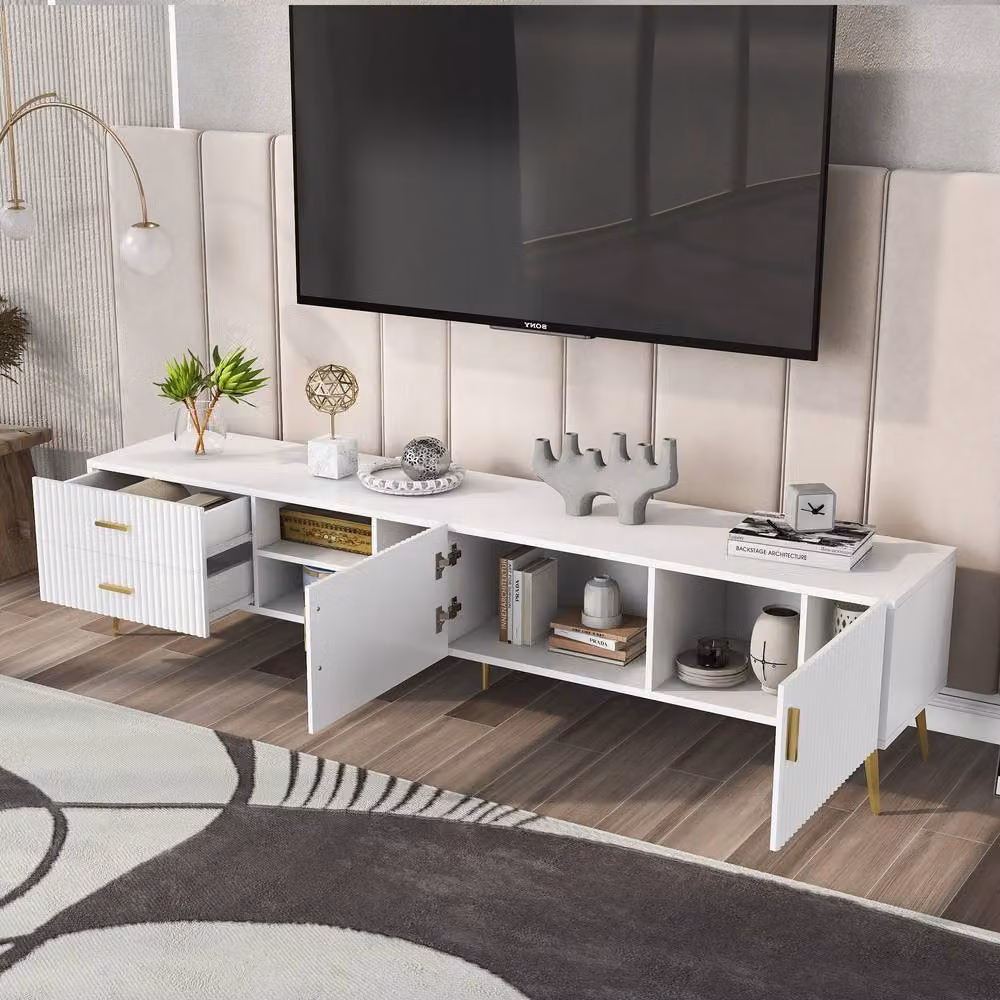 HomeTouch Modern White and Gold TV Unit Console Table with Media Compartments and Drawers – 2