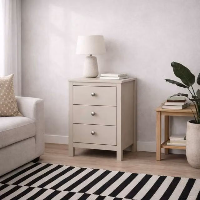 Wyld Haus Gossmere 3 Drawer Bedside Table in Beige Wood, W/D/H: 38.4 x 44.0 x 70.1 cm – 1