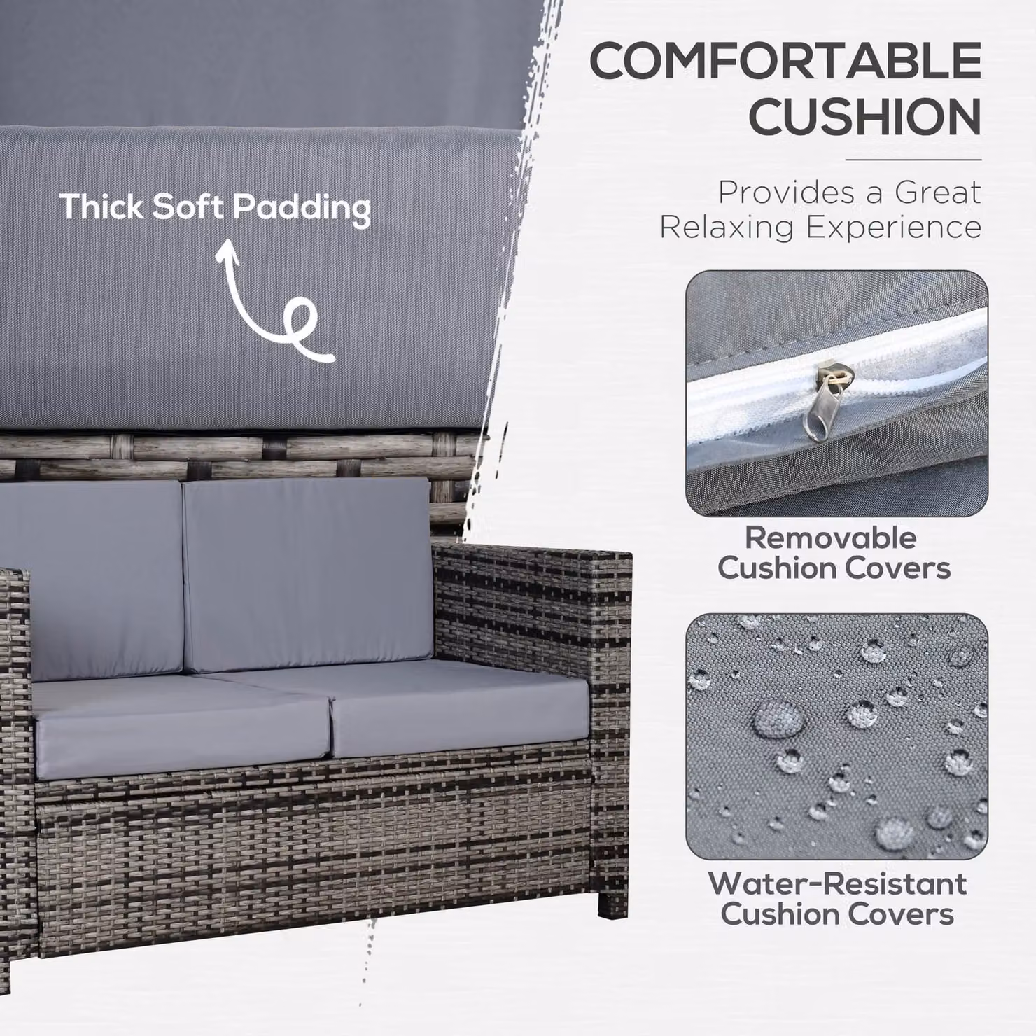 OUTSUNNY Grey Rattan Wicker 2-Seat Garden Sofa Loveseat with Upholstered Cushions and Powder Coated Steel Frame – 3