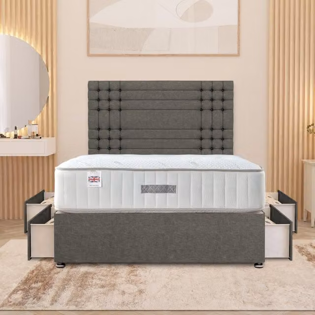 Somnior Beds Ltd Saville Linen Divan Bed Set with 32 inch Headboard and Orthopaedic Mattress in Silver Grey, W/D/H: 200 x 200 cm
