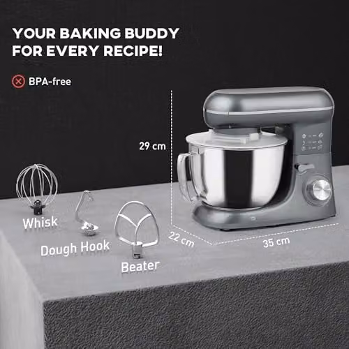 HOMCOM 1300W Electric Stand Mixer with 4.5L Capacity and 6 Speeds in Silver – 4