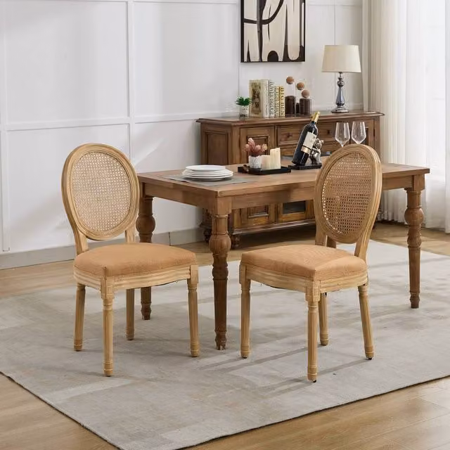 HomeTouch Set of 2 Classic French Style Rattan Back Dining Chairs in Brown with Linen Fabric – 1