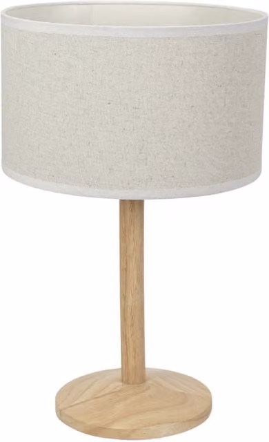 ValueLights Triston Natural Light Wood Stem Table Lamp with White and Beige Linen Fabric Drum Shade