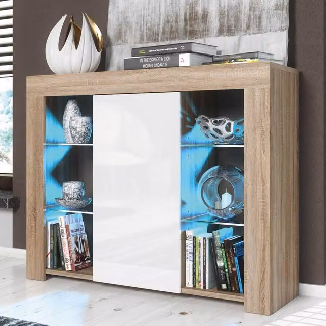 Mex Furniture LTD Harbor Sideboard in Oak and White Gloss with Integrated LED Lighting, Width: 97 cm – 1